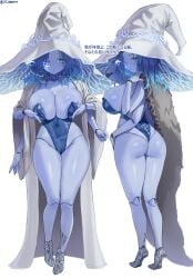 ass blue_eyes blue_hair blue_skin elden_ring huge_breasts japanese_text jtveemo leotard ranni_the_witch tagme witch witch_hat