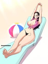 1girls 5_toes armpits barefoot beach big_breasts bikini black_hair blue_eyes breasts breasts_out commission deztyle feet female female_only nico_robin nipple_slip nipples on_back one_piece panty_pull soles solo stretching text toes tumblr url watermark wide_hips wink ziz_second