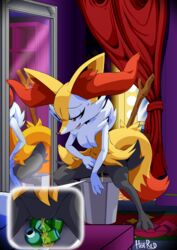 anthro biped braixen canine digital_media_(artwork) female fur hand_on_hip hi_res hotred inner_ear_fluff is_(artist) mammal nintendo peeing pokémon_(species) pokemon pokemon_(species) pussy servedasis solo urine video_games watersports white_fur