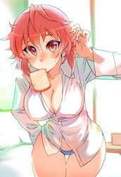 1girls blushing clavicle cleavage curvy cute food hanging_breasts kusanagi_tonbo large_breasts looking_at_viewer nipple_bulge panties partially_clothed pink_eyes pink_hair playing_with_own_hair red_eyes red_hair shirt simple_background t-shirt thigh_gap toast