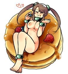 barefoot blueberry_(not_the_fetish) blush breasts choker closed_eyes eating female food hair_ornament heart in_food lying minigirl minori_(senran_kagura) nipples nude on_back opeipiao pancake senran_kagura senran_kagura_shinovi_versus sidelocks simple_background smile solo strawberry syrup twintails