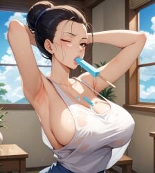 ai_generated alex_schura big_breasts black_hair breast_focus hands_behind_head ice_cream wet_shirt