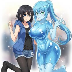2girls ai-generated ai_generated black_boots black_hair black_legwear black_shirt blue_eyes blue_hair blue_hoodie breasts cleavage female green_eyes human_female large_breasts medium_breasts nude short_hair sleeveless_shirt slime slime_girl