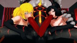 1boy 2girls black_armwear blake_belladonna blowjob breasts cat_ears erect_penis faunus female grimm_(rwby) grimmed indrick_[artist] licking_penis male monster monster_boy monster_cock nude_female nude_male ponytail purple_eyes rwby two_dicks yang_xiao_long yellow_eyes