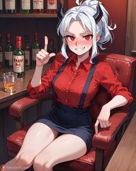 ai ai_art ai_assisted ai_generated alcohol blush breasts clothed clothing cute cute_face demon devil drunk helltaker horn horns long_hair lucifer_(helltaker) miniskirt pointing red_eyes shiny shiny_skin sitting skirt smile smiling smiling_at_viewer smirk teeth teeth_showing teeth_visible thighs topwear white_hair