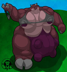 big_breasts big_nipples black_sclera bovine breasts cattle clothing cloven_hooves extreme_muscles female grass hooves horn horns huge_breasts hyper mammal nipple_slip nipples obese pose small_head smile solo teats thick_legs thick_neck thick_thighs udders ugly_female underwear xatanlion