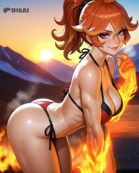 ai_generated aura bent_over big_ass big_breasts dtkai fire fire_aura from_side mereoleona_vermillion mountains outside pyrokinesis sun thong_bikini