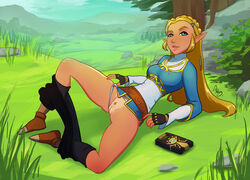 blonde_hair blue_eyes breath_of_the_wild female innie_pussy nintendo panties panties_aside pants_pulled_down princess_zelda pussy sheikah_slate solo tagme tanline the_legend_of_zelda thedirtymonkey zelda_(breath_of_the_wild)