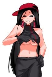 artist_request backwards_cap beauty_mark earrings gloves grinning lifting_shirt looking_at_viewer mv_character plain_background stomach synthesizer_v vimalion_pro yi_xi_(synthesizer_v)