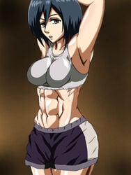 1girls abs alternate_version_available arms_up attack_on_titan bare_shoulders big_breasts black_eyes blue_hair busty curvy dark_blue_hair dark_hair eyelashes female female_only front_view hourglass_figure human human_only looking_at_viewer midriff mikasa_ackerman muscle muscles muscular muscular_female open_mouth pose posingshiny shiny_skin short short_hair shorts simple_background solo sports_bra standing teamtgs uncensored voluptuous wide_hips