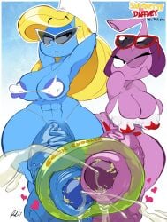 2futanari armpits arms_behind_head babes big_areola bikini_bottom bikini_top blonde_hair blonde_hair_futa blue_skin breasts brendancorris cock_ring cum daffney_gillfin futanari heart huge_cock hyper_balls hyper_penis no_panties penis smegma_in_foreskin smurfette smurfs snork snorkel snorks sunglasses the_smurfs toy veiny_balls veiny_penis wink winking_at_viewer