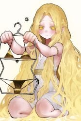 1boy absurd_res blonde_hair braid clothes_hanger colored_eyelashes dress ekrea_jan elden_ring embarrassed femboy fromsoftware gold_eyes golden_bikini hi_res male male_only miquella miquella_(elden_ring) shadow_of_the_erdtree sweat sweating trap very_long_hair white_dress