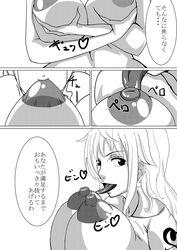 1girls bare_shoulders big_breasts black_and_white breast_grab breast_sucking busty cleavage comic covering covering_breast curvy ear_piercing earrings erect_nipple erect_nipples eyelashes female female_only front_view grab grabbing human japanese_text licking long_hair looking_at_viewer nami nipple_sucking no_bra one_piece open_mouth piercing pose posing simple_background solo sound_effect speech_bubble standing tattoo teamtgs text tongue_out topless translation_request voluptuous white_background