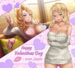 1girls blonde_hair blue_eyes breasts breasts_out breasts_out_of_clothes censored cigarette game_cg huniepop huniepop_2 jessie_maye milf panties smoke smoking sofa sweater sweater_dress valentines_day