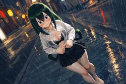 1girls ai_generated bakedcookie barefoot black_bra black_skirt blush bra_visible_through_clothes embarrassed exhibitionism female female_only green_hair highres long_hair my_hero_academia night outdoor_nudity outdoors pleated_skirt rain raining removing_clothing removing_shirt skirt smile soaked tsuyu_asui unbuttoned unbuttoned_shirt uncensored very_long_hair wet wet_body wet_clothes wet_clothing wet_skin white_shirt