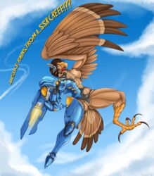 anthro armor avian beak bird breasts brown_hair catchabird clothing female hawk machine muscles muscular_female overwatch pharah power_armor pussy species_transformation tail talons torn_clothes transformation wardrobe_malfunction wings