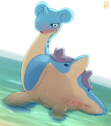 anus blue_body blush bodily_fluids female feral generation_1_pokemon generation_2_pokemon genital_fluids genitals hi_res horn lapras nintendo nude pokemon pokemon_(species) pokemon_only pussy shell smile solo vcrow_shuu vulva water