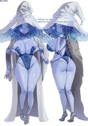ass blue_eyes blue_hair blue_skin elden_ring english_text huge_breasts jtveemo leotard ranni_the_witch tagme witch witch_hat