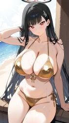 1girls ai_generated beach big_breasts bikini black_hair blue_archive blush breasts collarbone gold_bikini halo hips long_hair looking_at_viewer navel nikumist red_eyes rio_(blue_archive) sweat sweatdrop thick_thighs thighs