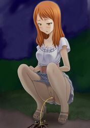 anohana:_the_flower_we_saw_that_day belt blush bow_panties breasts brown_hair censored female grass long_hair night open_mouth open_toe_shoes peeing polka_dot_panties pussy sandals short_sleeves squatting sweat white_panties white_shirt white_skirt yellow_eyes yellow_eyes_female