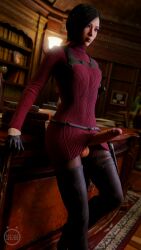 1boy 3d ada_wong balls desk erection femboy genderswap genderswap_(ftm) gloves male male_only resident_evil self_upload slow_(artist) solo sweater thighhighs yaoi