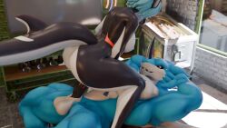 16:9 3d_(artwork) anthro apartment aquatic balls bandai_namco big_balls big_breasts big_penis blue_hair breasts cetacean curvy_figure digimon digimon_(species) digital_media_(artwork) dolphin duo ekai-ben_(artist) exveemon female from_behind_position genitals hair hands_behind_head hi_res kitchen lying male male/female mammal moan modern_architecture mounting multicolored_body muscular muscular_male nipples nude oceanic_dolphin on_back orca penetration penile penile_penetration penis penis_in_vagina pink_nipples sex smile spread_legs spreading straddling toothed_whale two_tone_body vaginal vaginal_penetration widescreen zea_nalya