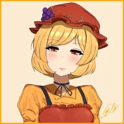 1girl aki_minoriko apron breasts choker collar collared_shirt falling food frills fruit gekireiiii grapes hat highres leaf ribbon shirt short_hair simple_background solo touhou