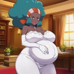 ai_generated black_skin black_skinned_female female female_only gym_leader lazybonesai lenora_(pokemon) pokemon pokemon_bw pregnant pregnant_belly pregnant_female wedding_dress bride bride_veil