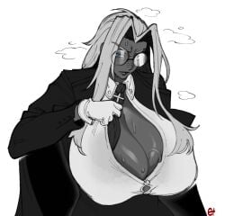 1girl 1girls adjusting_necktie blue_eyes british_female button_down_shirt cleavage collar dark-skinned_female dark_skin eigaka european_female female furrowed_brow glasses gloves hellsing hellsing_ultimate huge_breasts indian_female integra_hellsing jacket lapels long_hair monochrome necktie nipple_bulge solo straining_buttons straining_clothing sweat unbuttoned unbuttoned_shirt white_gloves