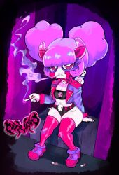 1girl black_outfit chocovania_(character) dark_background demon earrings female flat_chest goth goth_girl horns imp jean_shorts jorts looking_at_viewer make_up makeup makeup_running pale_skin pink_hair pom_poms prostitution round_ass shorts shortstack skull_earrings skulls smoking smoking_cigarette sneakers stockings two-piece virtual_youtuber white_body