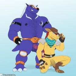 2024 anthro anthro_only armadillo armored_armadillo balls belt body_hair capcom circumcised claws clothing cowboy_hat crossover crouching darkened_balls darkened_genitalia darkened_penis dillon's_rolling_western dillon_(dillon's_rolling_western) duo foreskin genitals gloves half-erect handwear har hat headgear headwear hi_res humanoid_genitalia humanoid_penis knee_pads looking_at_viewer male mammal mega_man_(series) mega_man_x_(series) mostly_nude musclegut muscular navel nipple_piercing nipples penis piercing purple_body reploid scarf shoulder_pads simple_background spelunker_sal standing toe_claws unretracted_foreskin vein veiny_penis xenarthran yellow_body