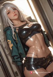 1girls a2_(nier_automata) ai_generated android black_gloves blue_eyes breasts female female_focus female_only gloves hair_between_eyes high_heels jacket jacket_open leather leather_clothing light-skinned_female light_skin long_eyelashes long_hair looking_at_viewer minishorts navel nier:_automata oiled puffy_lips sexy shorts slim_waist solo solo_female stockings tank_top thick_thighs wet_skin white_hair wide_hips yorha_a2