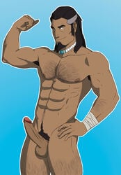 1boy abs avatar_legends balls ballsack bara black_hair blue_eyes body_hair chest_hair color digital_media_(artwork) erection facial_hair flexing foreskin fully_retracted_foreskin goatee intact long_hair_male male male_only male_pubic_hair manly masculine muscle necklace nickelodeon nude_male pecs penis presenting pubic_hair scrotum smile smooth_skin solo testicles the_legend_of_korra tonraq uncensored uncut veiny_penis water_tribe yaoi