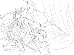 hollow_knight hollow_knight_(franchise) team_cherry yuri 2girls bug bug_girl dryya_(hollow_knight) grey_mourner monochrome shaking long_hair sweat sweating sweating_female lesbian_sex