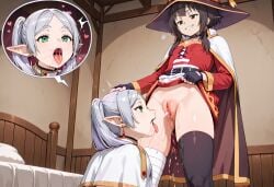 after_cunnilingus ai_generated anime frieren frieren_(sousou_no_frieren) frieren_beyond_journey's_end kono_subarashii_sekai_ni_shukufuku_wo! konosuba lesbian megumin peeing piss_drinking small_breasts squirt squirt_in_mouth squirting yuri