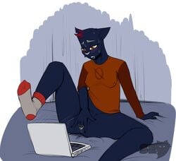 1girls 2017 anthro batartcave bed blush bottomless breasts clothed clothing computer digital_media_(artwork) drooling eyelashes feline female female_only fingering fingering_self fur furry hair half-closed_eyes laptop legwear mae_(nitw) mammal masturbation mostly_nude navel night_in_the_woods nipple_bulge nipples null_symbol pussy pussy_juice raised_leg red_eyes saliva shirt sitting socks solo spread_legs spreading sweat