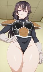 :3 ai_generated arrogant ass black_hair breasts clothing cosplay dominant dominant_female evil_smile fangs feet female female_only indoors legs leotard long_hair looking_at_viewer low-angle_view pervert_female purple_eyes saiyan_armor saiyan_female sexy smile smug smug_face solo suggestive suou_yuki thick_thighs thighs tokidoki_bosotto_russian_de_dereru_tonari_no_alya-san