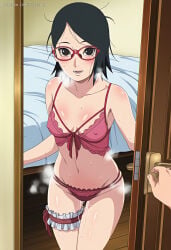 1girls accurate_art_style ai_generated alternate_costume arms_at_sides artist_name bare_legs bare_shoulders bare_thighs bed bedroom big_breasts boruto:_naruto_next_generations bra breasts cameltoe choker cleavage clothed clothed_female curtains curvaceous doorway eyewear female female_only g-string glasses highleg highleg_panties indoors jacket jewelry light-skinned_female light_skin lingerie makeup male_pov messy_hair midriff naruto naruto_(series) panties partially_visible_vulva pov presenting presenting_self pussy pussy_peek sarada_uchiha secreart short_hair solo solo_focus standing teenage_female teenager thighs uchiha_sarada url walk-in watermark web_address
