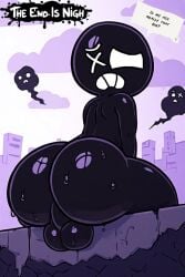 1boy ai_assisted ash_(the_end_is_nigh) ass balls ballsack black_body city cityscape femboy frown huge_ass looking_at_viewer looking_back missing_eye ozzy123 purple_sky shiny_skin sitting sweat sweatdrop sweaty_ass teasing the_end_is_nigh tumor white_eyes