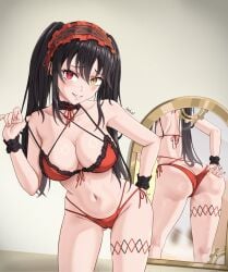 kaceshi_art date_a_live tokisaki_kurumi black_hair red_eyes yellow_eyes heterochromia white_skin red_swimsuit bra panties legs ass breasts gothic_lolita chocker red_ribbon