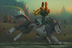 ass canine casual dark_skin female headwear imp imp_midna link male midna miles_df mount mounted mounting nonsexual nonsexual_nudity nudist outdoors riding riding_on_back the_legend_of_zelda twilight_princess wolf wolf_link