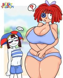 2026 2girls beach big_breasts bow brown-haired_female brown_hair button_eye doll_girl glitch_productions gooseworx hands_together huge_breasts jester jester_girl jester_hat large_breasts nervous_sweat pomni pomni_(beach_outfit) pomni_(tadc) pomni_(the_amazing_digital_circus) question_mark ragatha ragatha_(beach_outfit) ragatha_(tadc) ragatha_(the_amazing_digital_circus) ragdoll red-haired_female red_hair silenttandem sweat swimming_trunks tagme the_amazing_digital_circus thick_thighs triangle_nose tube_top wide_hips yuri