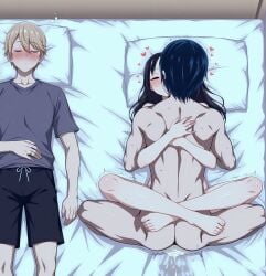 1girls 2boys ai_generated ai_hazama bed black_hair blonde_male cheating cheating_wife closed_eyes drunk_male hugging ishigami_yu kaguya-sama_wa_kokurasetai_~tensai-tachi_no_renai_zunousen~ kissing mating_press netorare ntr shinomiya_kaguya sleeping top_view wife