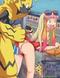 1boy 1girls against_surface ass being_watched bent_over blush breasts breasts_out clothed_sex clothes_down clothes_grab clothing_aside darkpainartt eyeshadow eyewear_on_head functionally_nude grabbing_clothing green_eyes legendary_pokemon lipstick multicolored_hair mythical_pokemon off_shoulder open_mouth partially_clothed pikachu pink_eyeshadow pokemon pokemon_(anime) pokemon_(movie) pokemon_(species) pokemon_the_movie:_the_power_of_us pokephilia public public_sex pussy red_lipstick risa_(pokemon) sex sex_from_behind shirt_down shocked sunglasses sunglasses_on_head tears wide_eyed zeraora