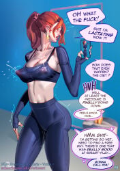 orionart curse lactation red_hair huge_nipples bubble_butt sportswear sports_bra lactating_through_clothing wardrobe_malfunction english_text cursed nipples
