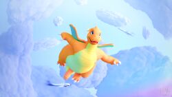 3_toes 3d_(artwork) anthro balls claws cloud digital_media_(artwork) dragon dragonite erection feet fingers flying generation_1_pokemon genitals hi_res humanoid_genitalia humanoid_penis iynxlynx male mythological_creature mythological_scalie mythology nintendo open_mouth orange_body orange_scales orange_skin outside penis pokemon pokemon_(species) scales scalie sky smile solo tail toes tongue wings yellow_body