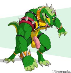 2023 alligator alligatorid anthro anthro_only balls bracelet capcom claws crocodilian facial_piercing feet foreskin genitals half-erect harness hi_res horn jewelry looking_at_viewer male mega_man_(series) mega_man_x_(series) membrane_(anatomy) mostly_nude muscular muscular_anthro muscular_male nipple_piercing nipples nose_piercing penis piercing reploid reptile scalie sharp_teeth simple_background solo spelunker_sal spiked_harness spikes tail teeth toe_claws toes vein veiny_penis webbed_feet webbed_hands wheel_gator