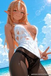 shiranui_flare hololive ai_generated kermixx 1girl solo long_hair breasts looking_at_viewer blush smile bangs blonde_hair large_breasts bare_shoulders jewelry closed_mouth underwear green_eyes panties pantyhose multicolored_hair cowboy_shot earrings outdoors sky day pointy_ears fang cloud virtual_youtuber dark_skin water dark-skinned_female blue_sky streaked_hair wet torn_clothes black_pantyhose black_panties v ocean beach elf patreon_username fang_out dark_elf