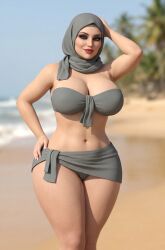 1girls 3d ai_generated armpit_crease bandeau beach belly_button bikini blurry_background cleavage eyelashes eyeshadow female gemini grey_clothing hand_on_hip hijab hijabi hourglass_figure large_breasts lipstick midriff milf narrow_waist ocean_background one_arm_behind_head one_hand_on_hip palm_tree rgomez007 sarong seductive_look self_upload smiling_at_viewer solo_female standing thick_eyelashes thick_lips thick_thighs voluptuous wide_hips