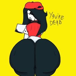 1girls ass ass_focus back_view backwards_cap big_ass black_border black_hair black_pants butcher_knife butcher_vanity butcher_vanity_(synthesizer_v) cartoon_style chubby english_text fat_ass female forsaken_(roblox) from_behind huge_ass long_hair mask massive_ass no_source open_mouth red_cap red_hat red_shirt red_top roblox roblox_game robloxian slasher_(forsaken) solo solo_female surprised_eyes synthesizer_v text thick_thighs tight_pants vanity_slasher white_face white_sleeves wide_hips yellow_background yi_xi_(synthesizer_v)